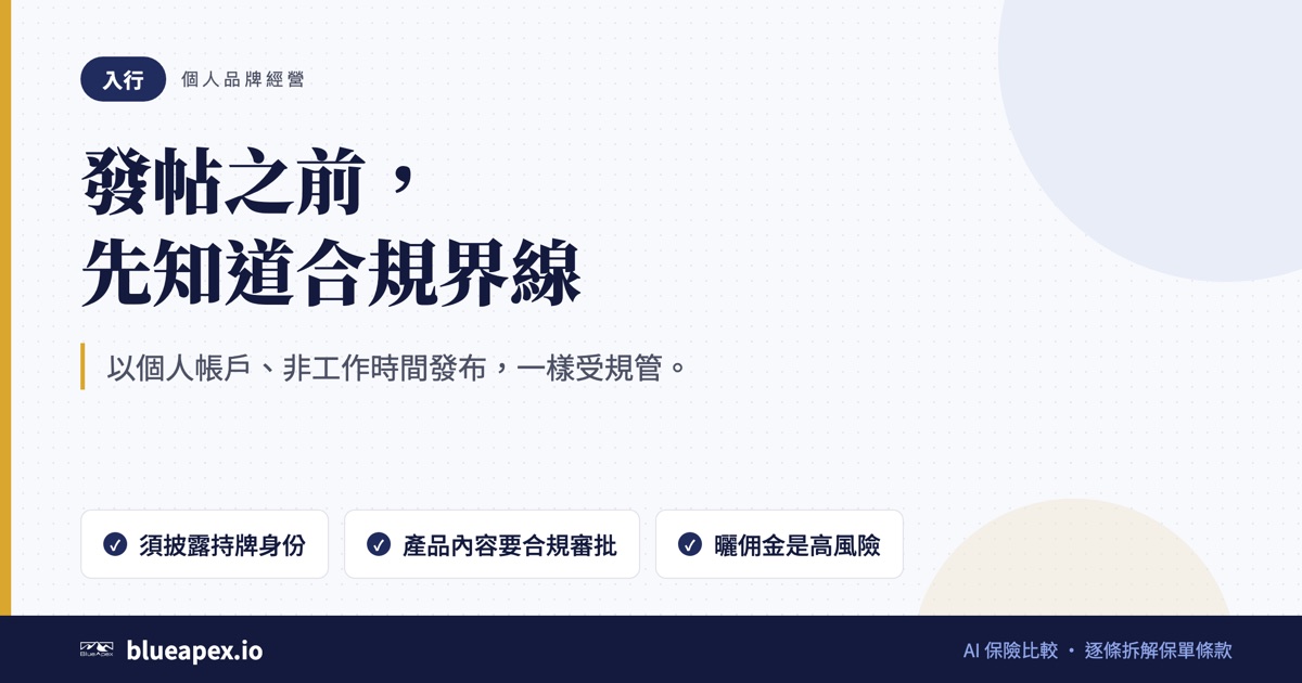 標題卡：發帖之前，先知道合規界線。重點：須披露持牌身份、產品內容要合規審批、曬佣金是高風險